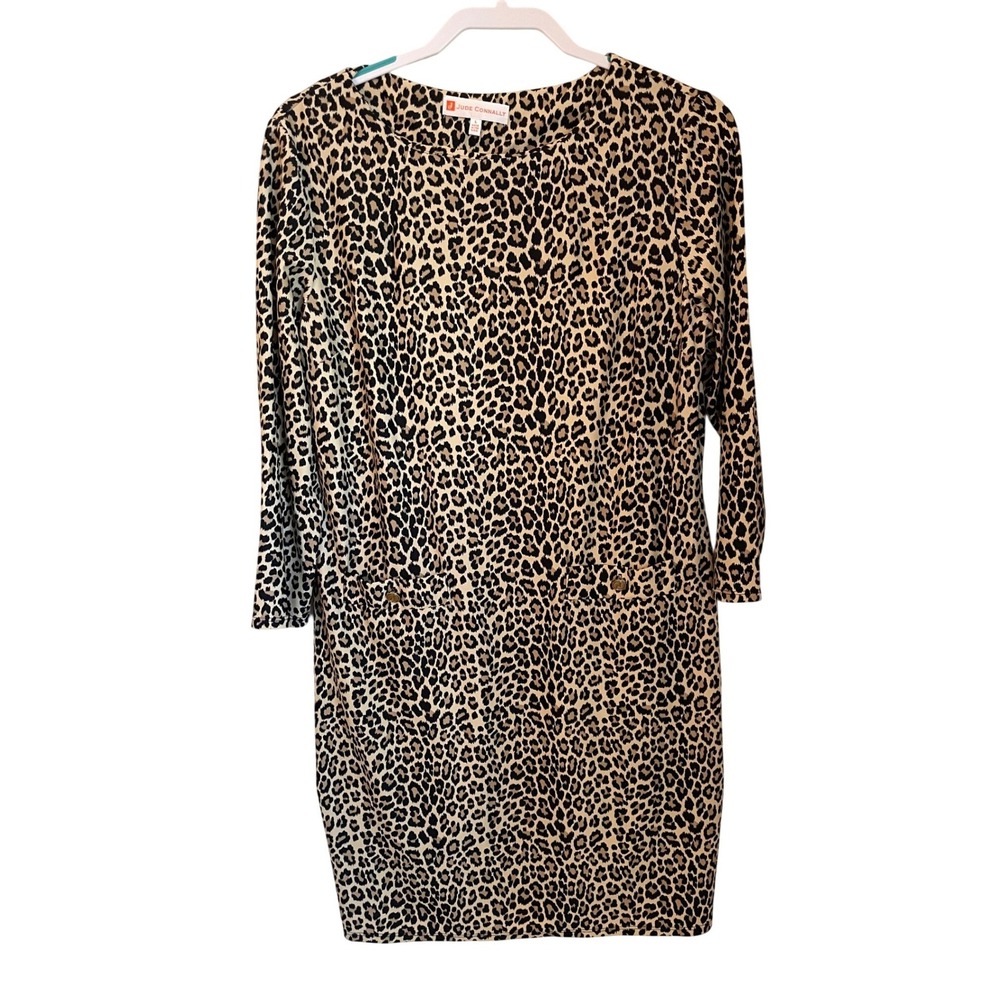 Jude Connally Leopard Print 3/4 Sleeve Shift Dress Pockets Jude Cloth Size L